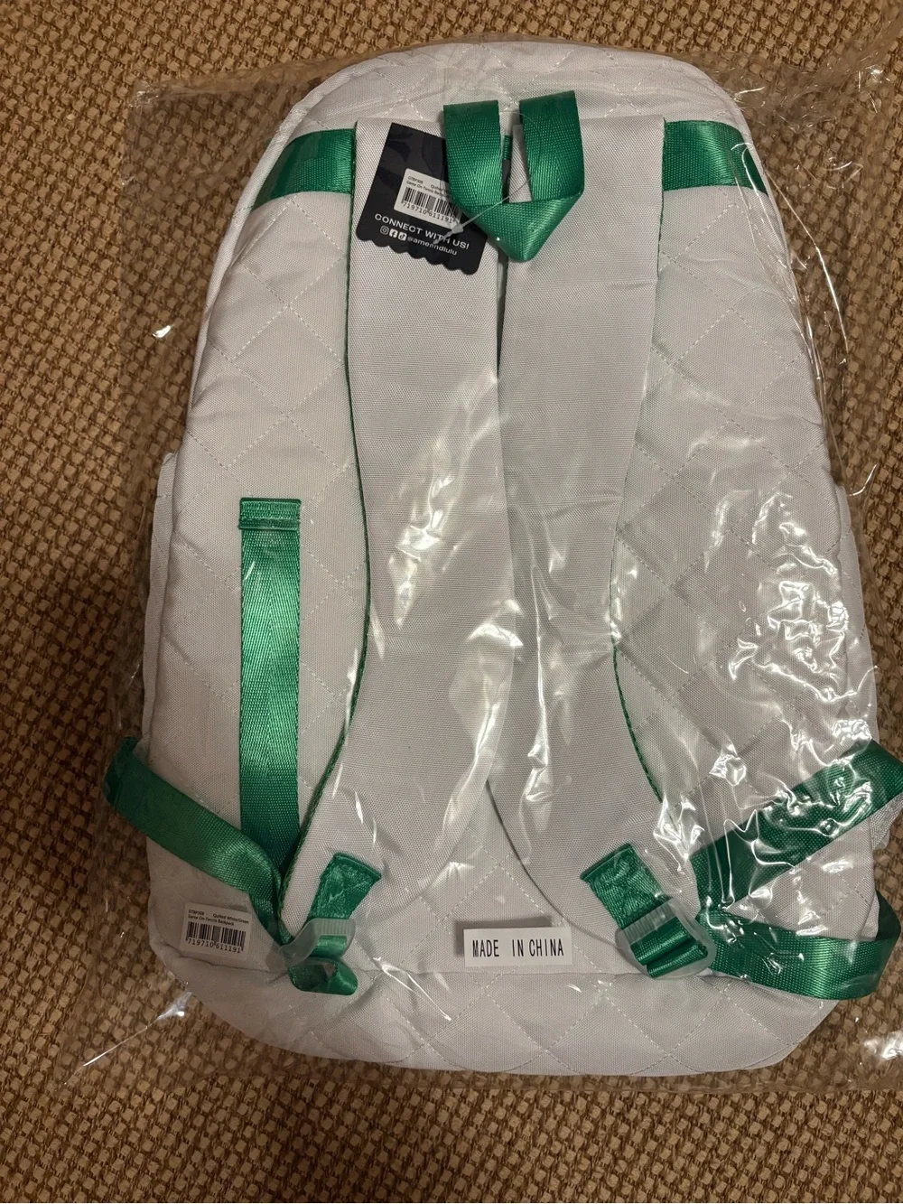 White Quilted Ame & Lulu Tennis Backpack with Green Trim - Picture 5 of 6